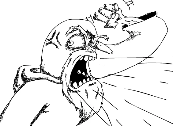 Cartoon drawing of a bearded man shouting Fus Ro Dah with fist raised