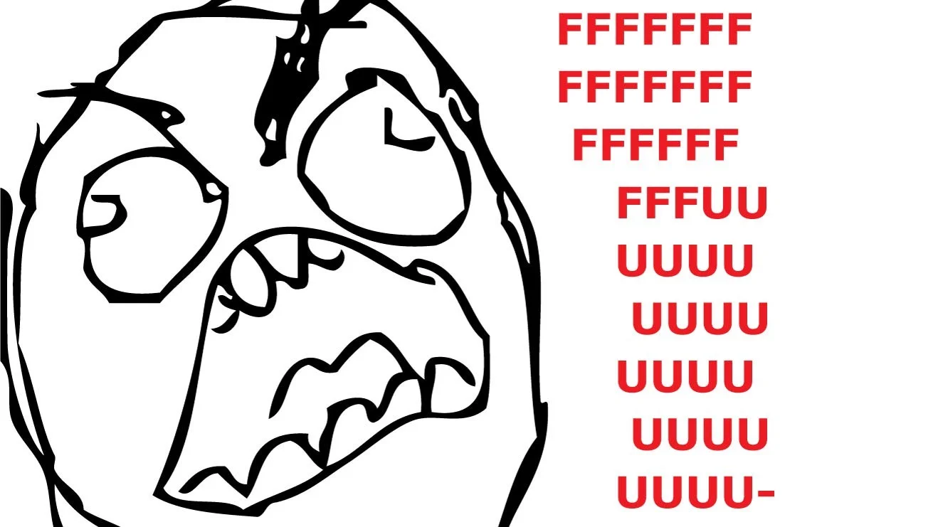 FUUUUU — A polished drawing of the rageguy character with extreme facial distortion, bulging eyes, and clenched teeth with red text.
