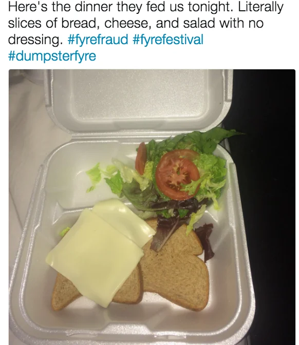 Photo of cheese sandwich and undressed salad in styrofoam container served at Fyre Festival