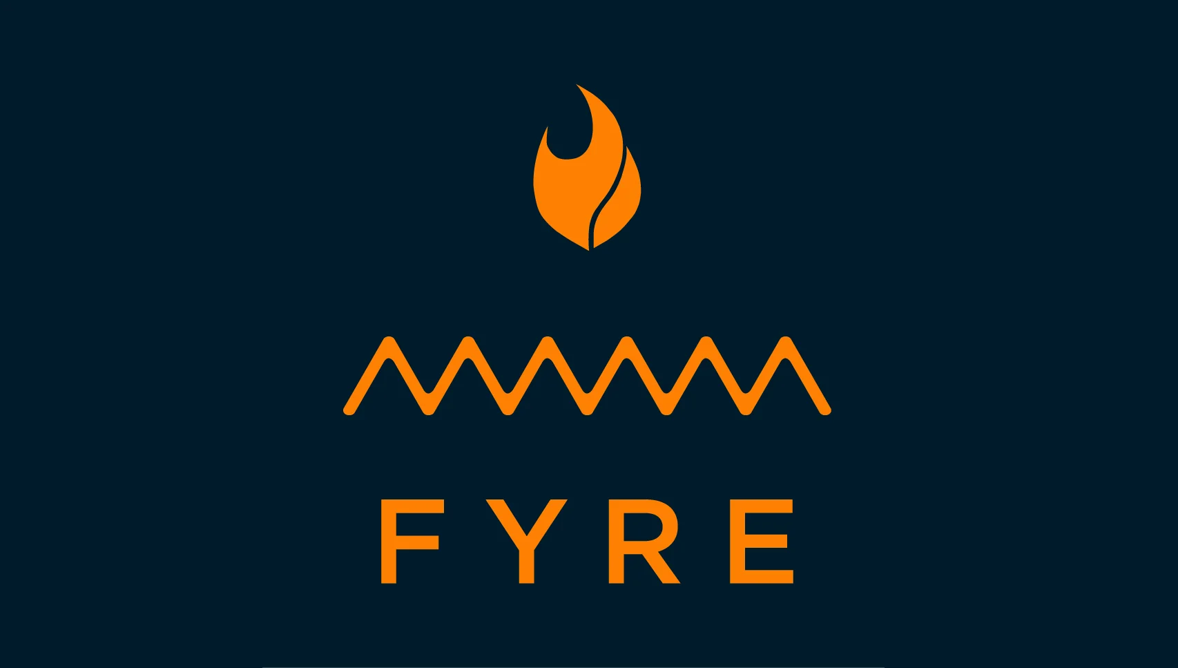 Orange Fyre Festival logo with flame icon on dark navy background