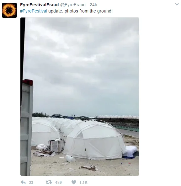 Tweet showing rows of white disaster relief dome tents at Fyre Festival campsite