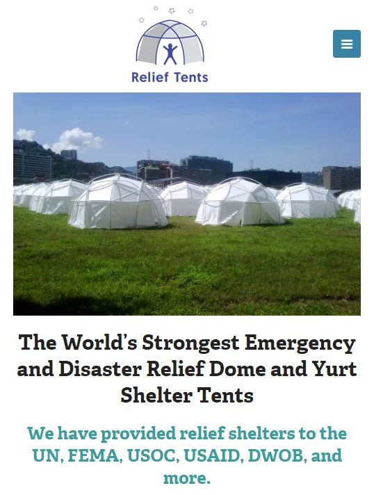 Fyre Festival — Website screenshot of Relief Tents company advertising disaster relief dome shelters