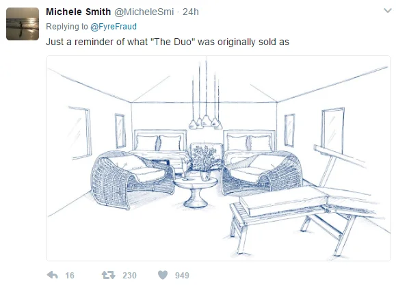 Tweet showing sketched concept art of the luxurious 'Duo' villa marketed by Fyre Festival
