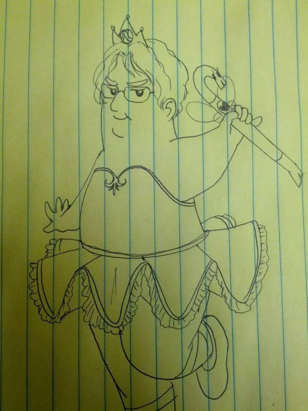 Hand-drawn sketch of Gabe Newell as a ballerina princess