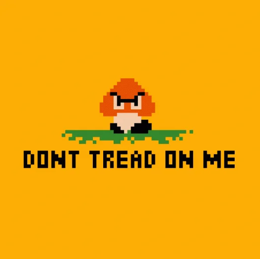 Gadsden Flag Don T Tread On Me — Pixel art Goomba on grass with 'Dont Tread On Me' text on yellow background.