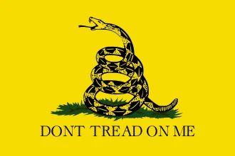Gadsden Flag Dont Tread On Me — The iconic Gadsden Flag featuring a coiled rattlesnake with raised head on bright yellow background and 'DONT TREAD ON ME' text.