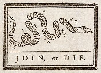 Gadsden Flag Dont Tread On Me — A segmented snake with text reading 'JOIN, or DIE' in period engraving style, the original 1754 Ben Franklin political cartoon.
