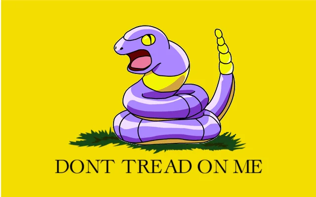 Gadsden Flag Dont Tread On Me — A coiled serpent rendered in lavender or purple tones against yellow background with 'DONT TREAD ON ME' text below.