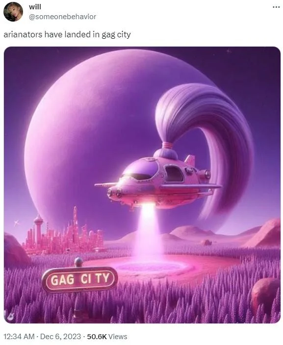 Tweet about Arianators landing in Gag City with purple spaceship image