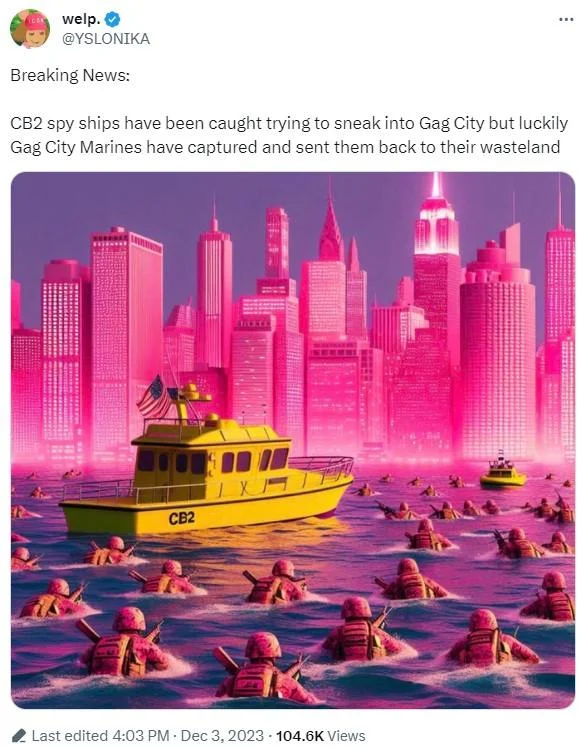 Tweet about CB2 spy ships captured by Gag City Marines with pink skyline image