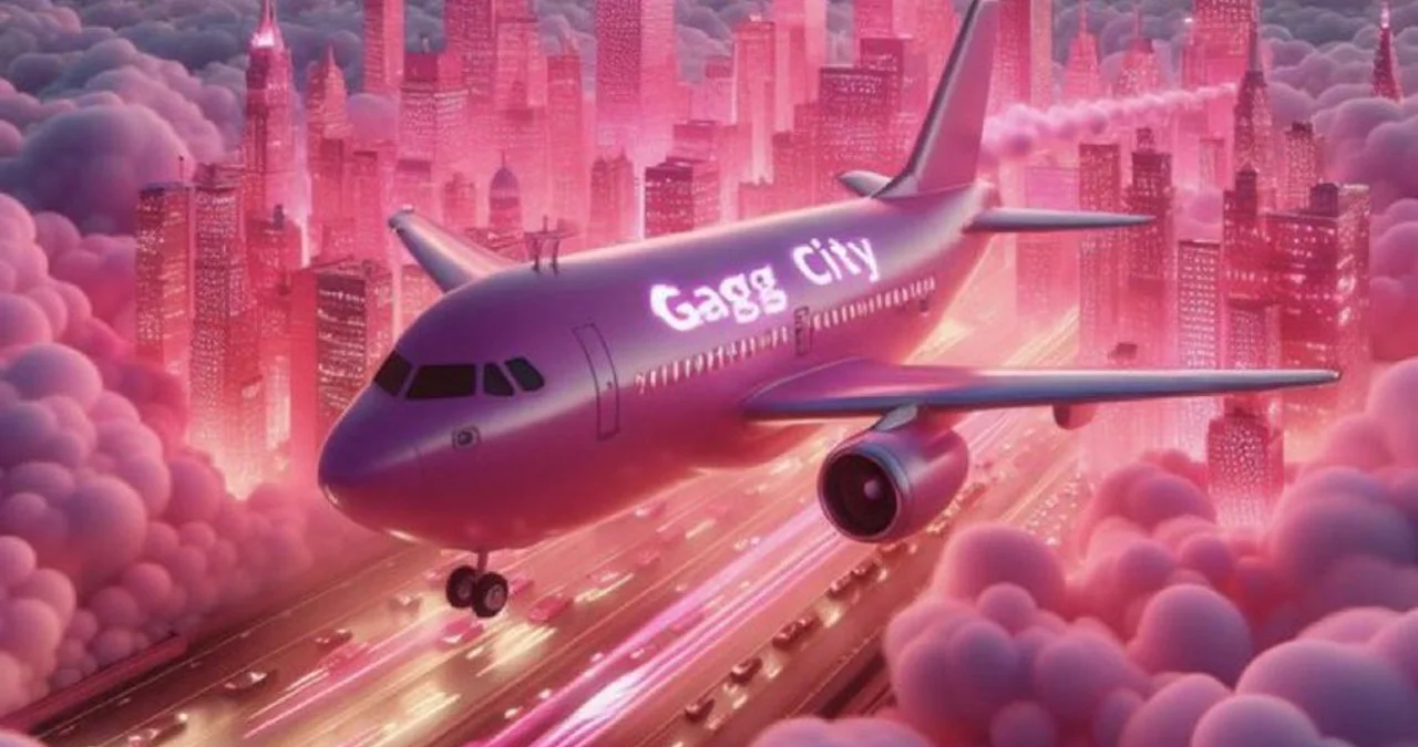 Gag City — Pink airplane labeled 'Gagg City' flying over a pink futuristic cityscape with fluffy pink clouds