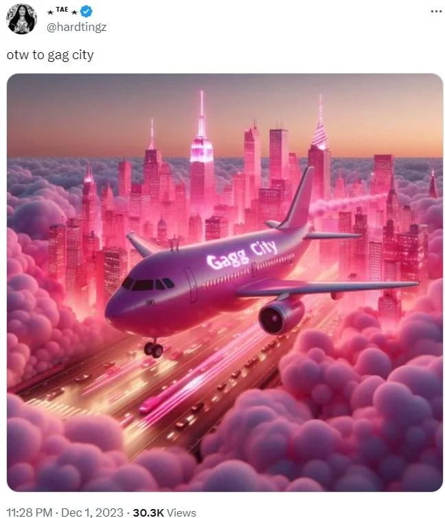 Tweet by @hardtingz captioned 'otw to gag city' with pink airplane image