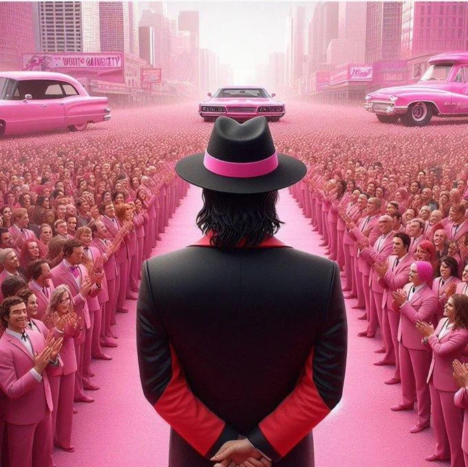 Michael Jackson figure facing a pink-suited crowd in Gag City