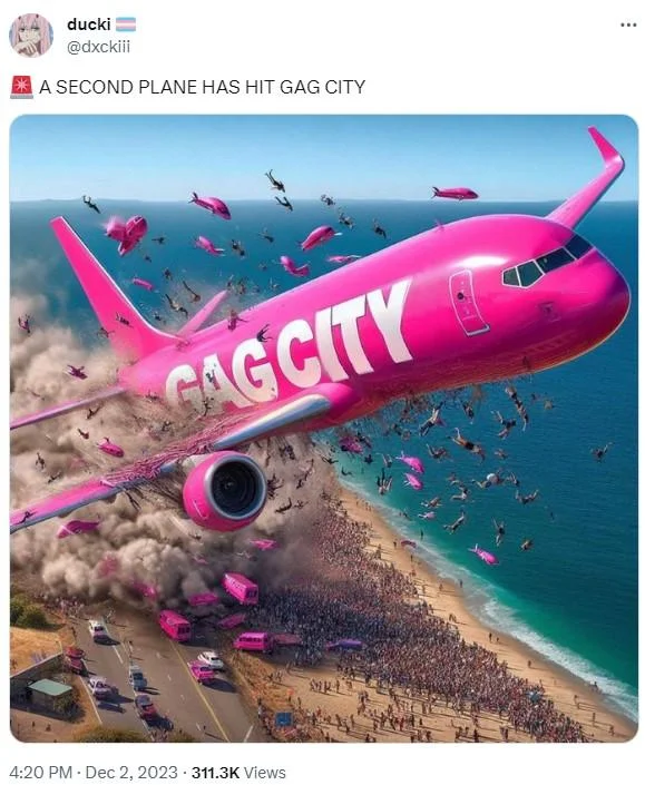 Tweet showing a pink Gag City plane crashing into a beach crowd