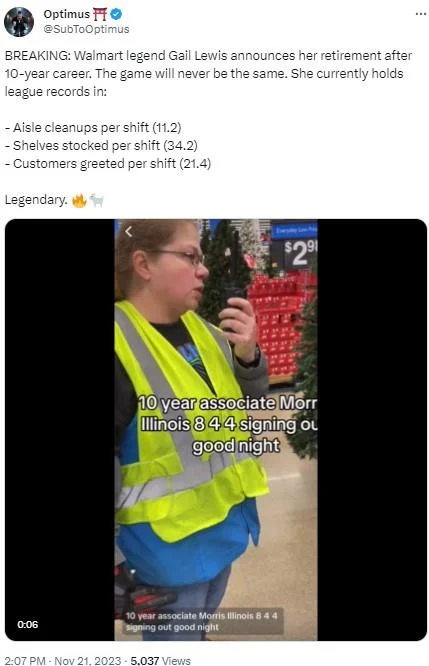 Gail Lewis, Walmart Associate, Signing Out — Tweet mocking Gail Lewis's retirement with fake stats including aisle cleanups and shelves stocked per shift