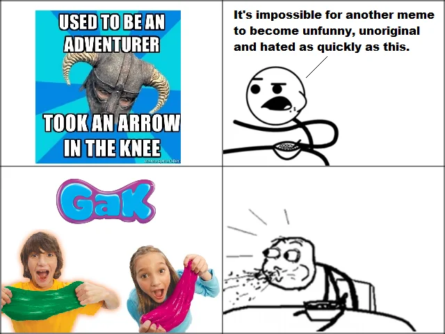 Four-panel meme criticising Gak alongside other overused memes
