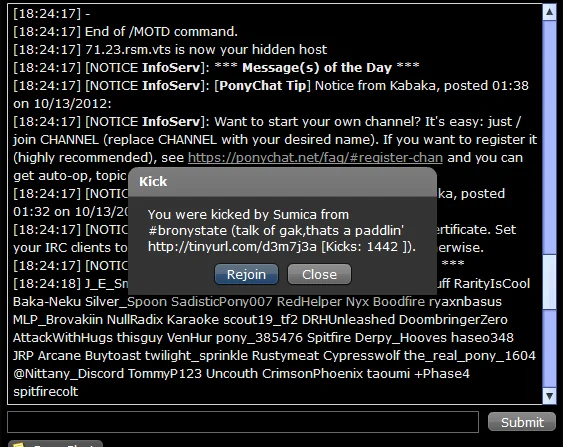 IRC chat kick notice reading 'talk of gak, thats a paddlin'