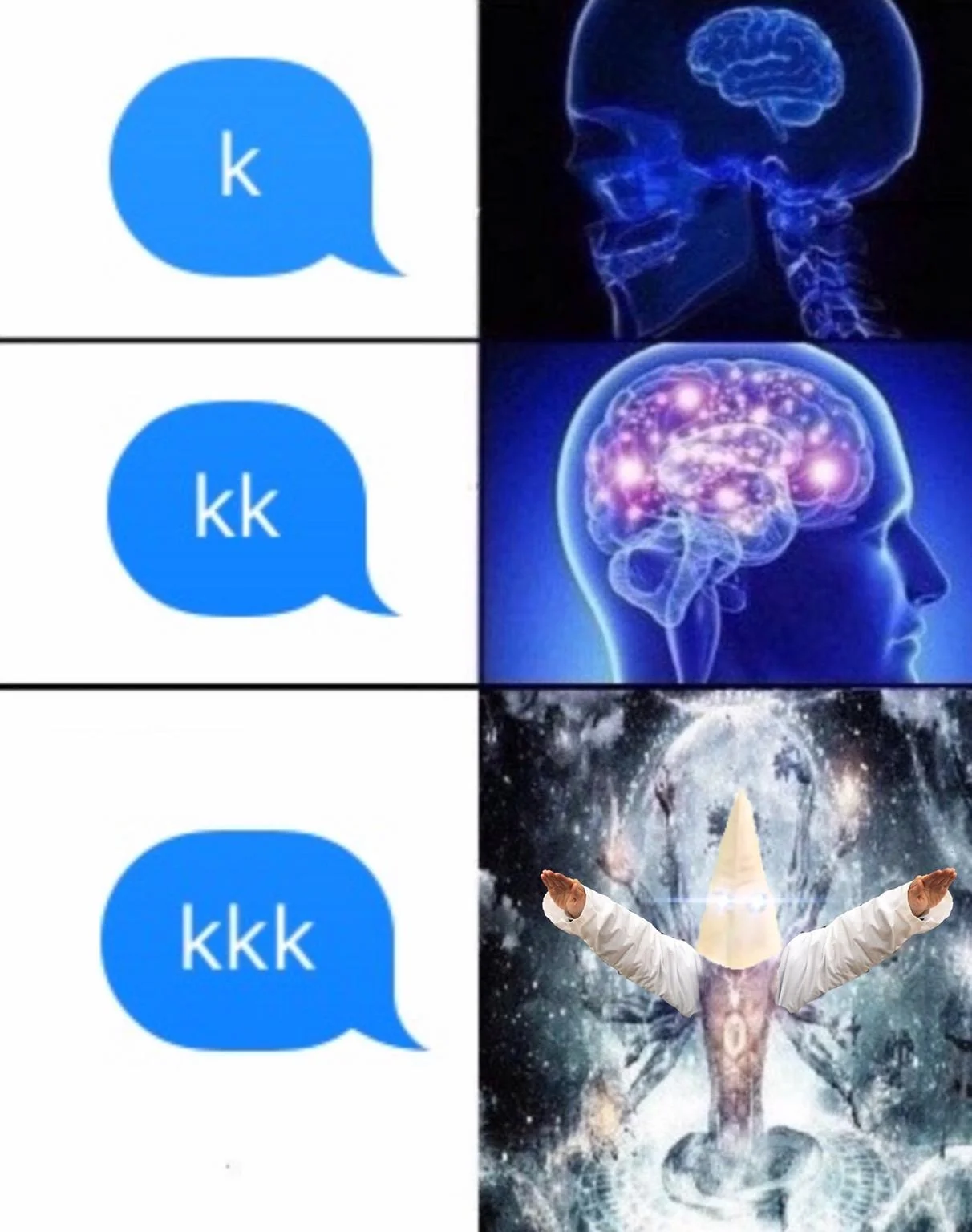 Four-panel Galaxy Brain meme about 'k' text responses with escalating brain imagery