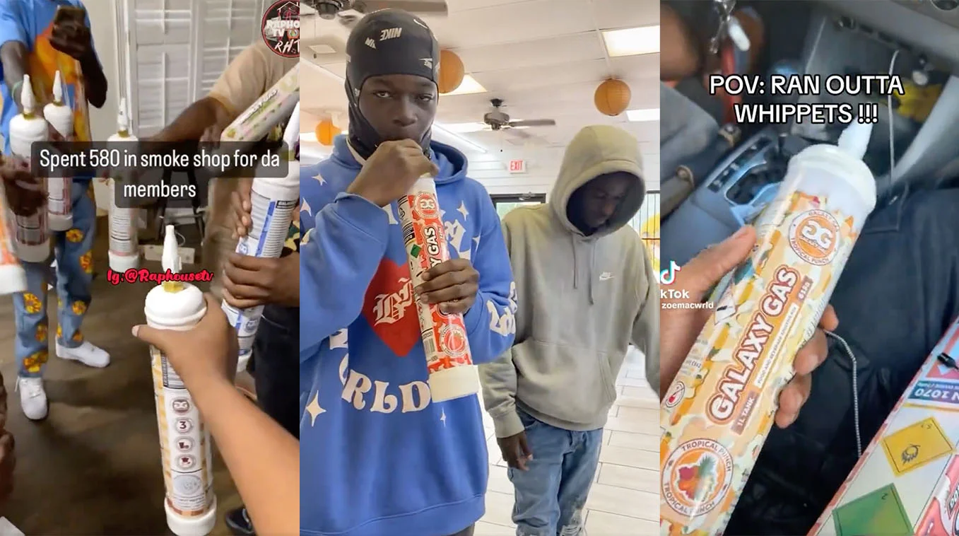 Galaxy Gas Whippets — Three-panel collage of social media videos featuring people holding large Galaxy Gas nitrous oxide canisters with meme captions