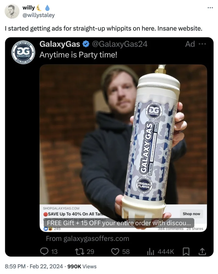 Galaxy Gas Whippets — Tweet from @willystaley showing an official Galaxy Gas ad on X featuring a man holding a large nitrous canister with the slogan 'Anytime