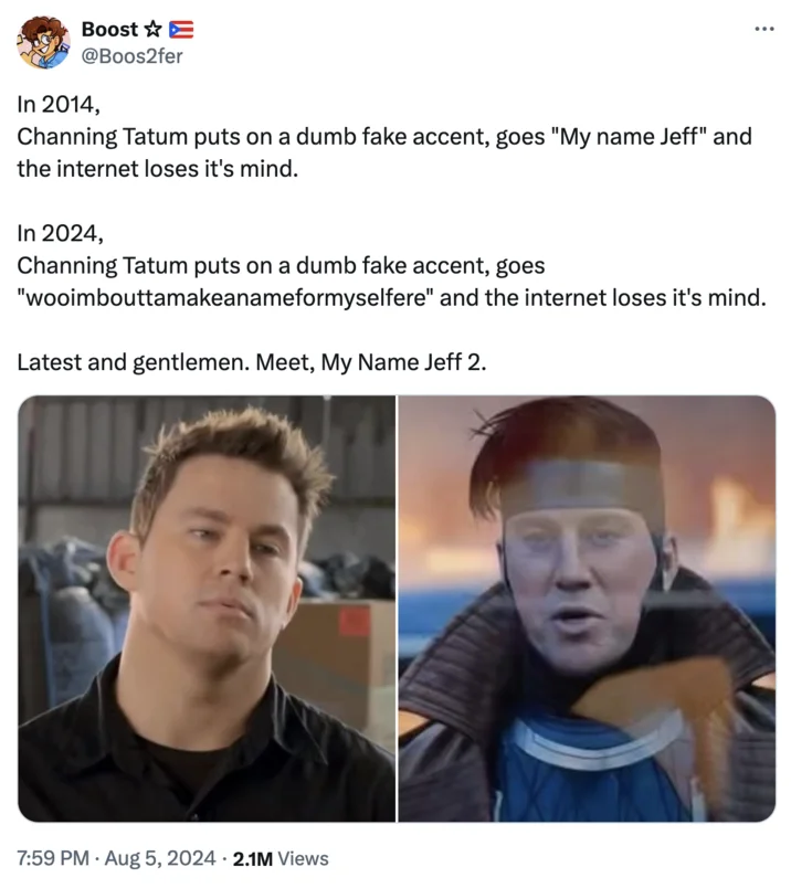Gambit Woo Im About A Make A Name For Myself Here Wooimbouttamakeanameformyselfere — Tweet screenshot comparing Channing Tatum's 2014 My Name Jeff moment to