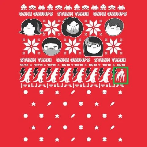 Red Game Grumps and Steam Train ugly Christmas sweater graphic with pixel art icons