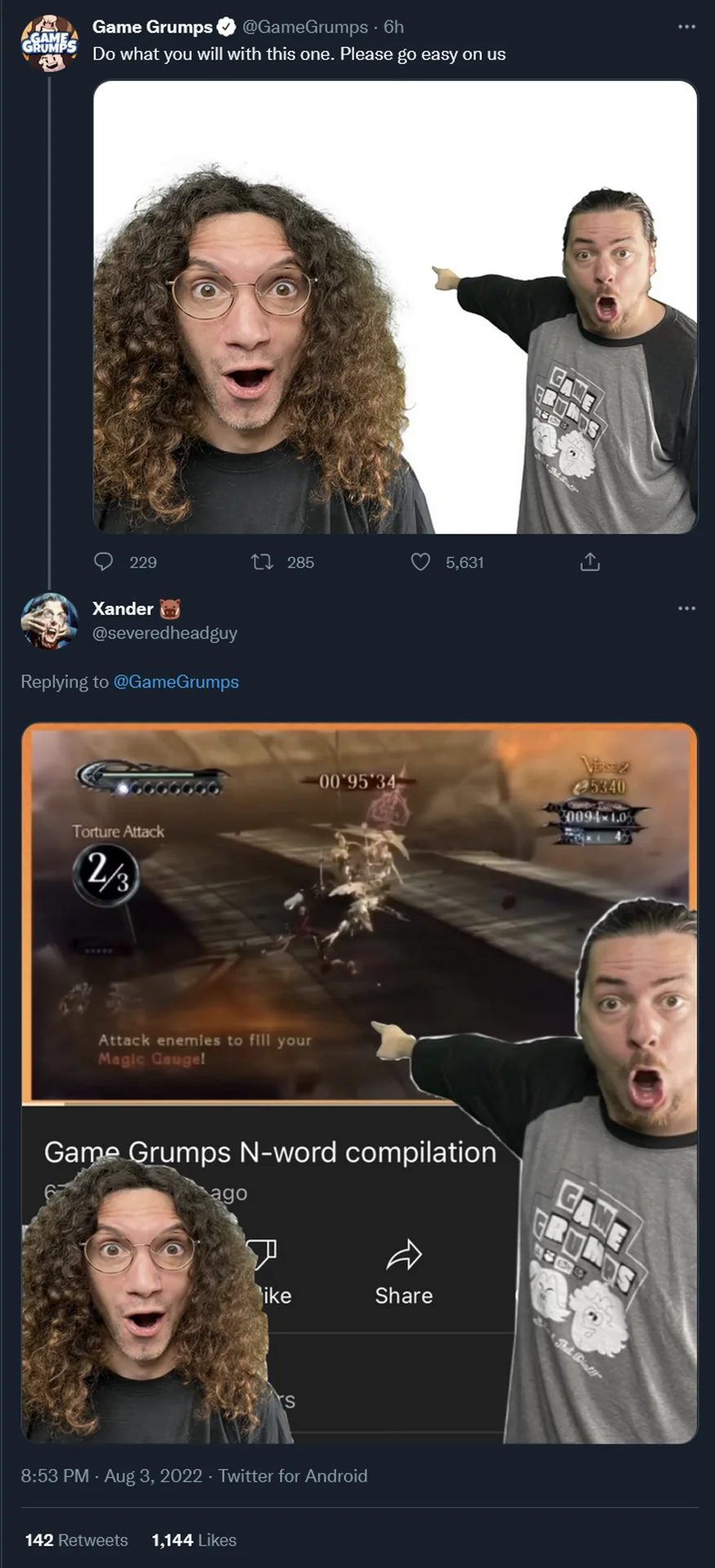Twitter screenshot of Game Grumps posting cutout photos of Dan and Ross with a meme reply