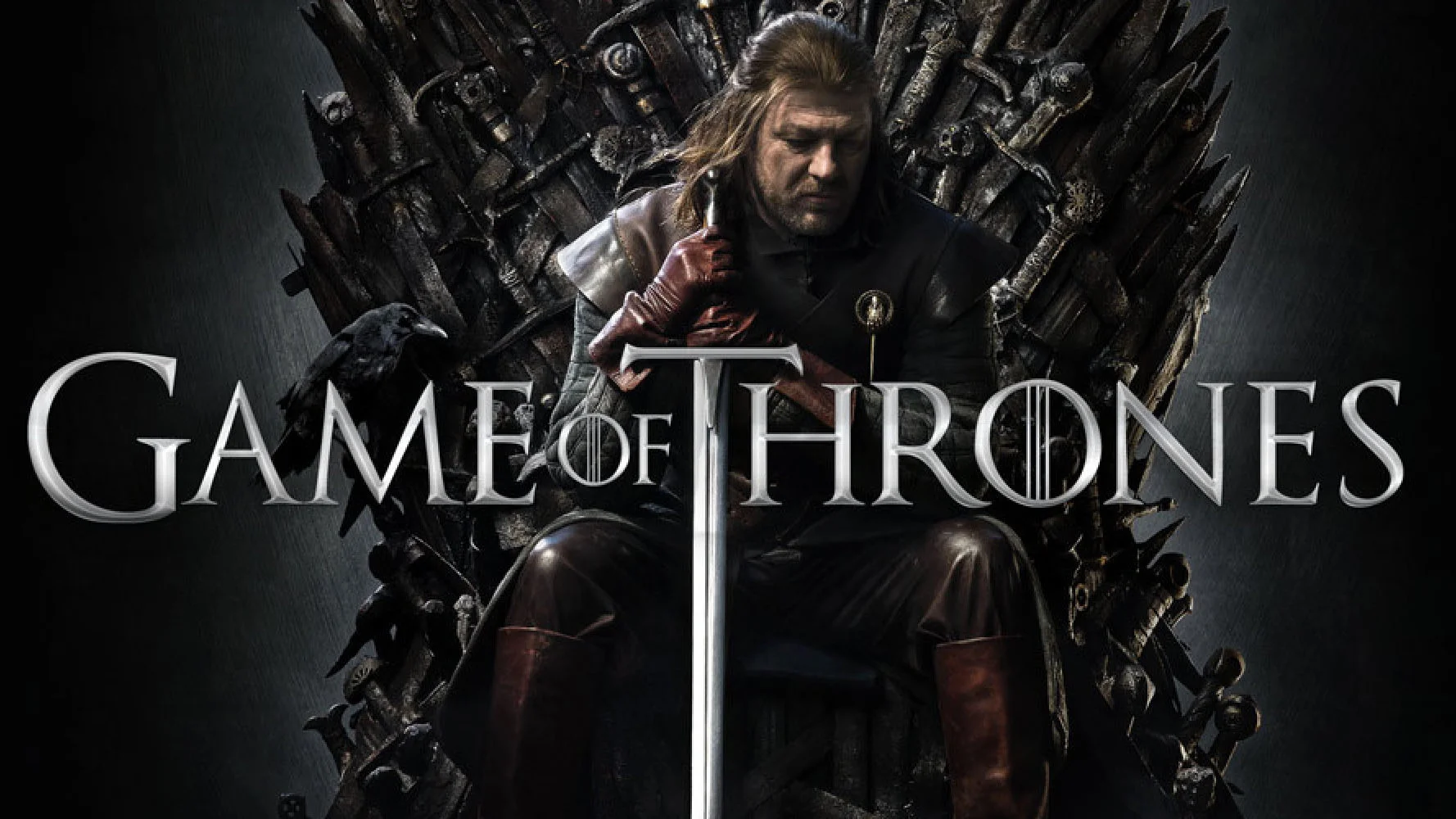 Ned Stark sitting on the Iron Throne with Game of Thrones logo