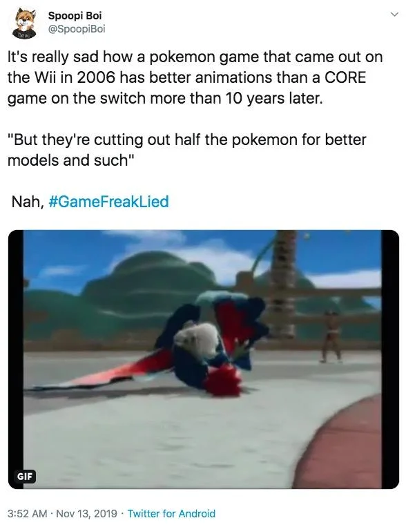 Gamefreaklied — Tweet criticizing Sword and Shield animations compared to older Pokemon Battle Revolution