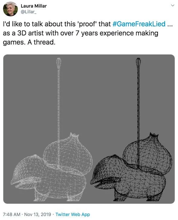 Tweet by Laura Millar discussing GameFreakLied proof with Wooloo wireframes