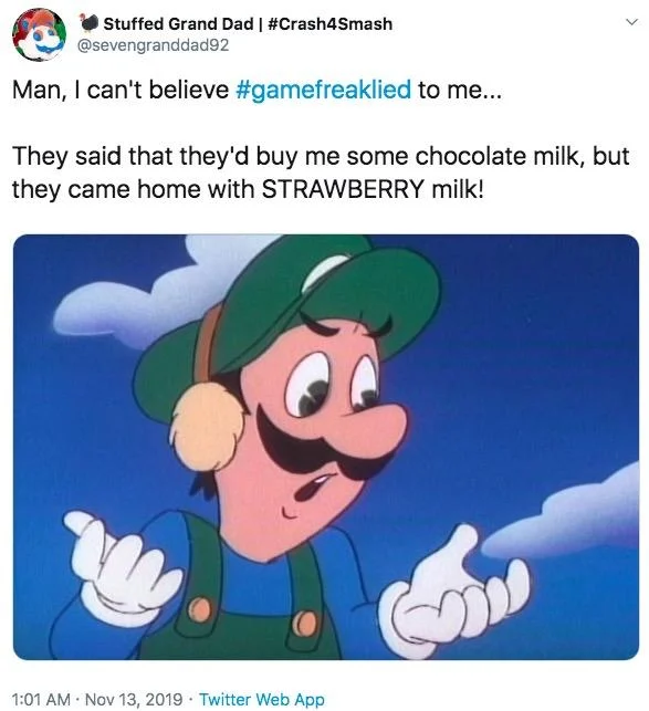 Tweet joking about GameFreakLied with Luigi cartoon image