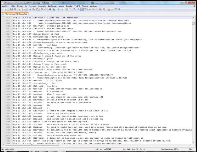 Gamergate — Screenshot of the leaked burgersandfries IRC channel log opened in Notepad++