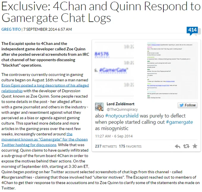 Escapist article screenshot titled Exclusive 4Chan and Quinn Respond to Gamergate Chat Logs