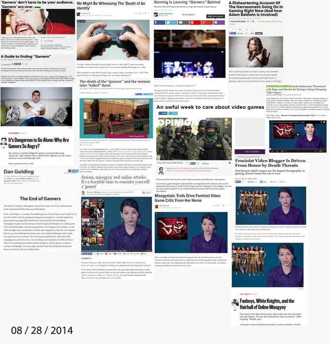 Gamergate — Collage of gaming news headlines from August 28 2014 declaring gamers dead and covering harassment of women in games