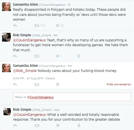 Gamergate — Twitter exchange between Samantha Allen and Rob Simple about games journalism and gender