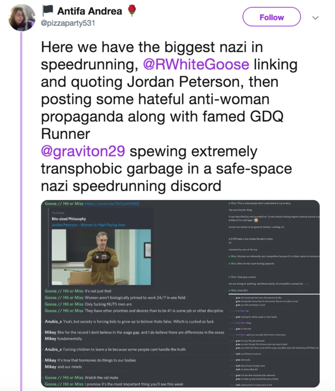Games Done Quick — Tweet screenshot with accusations against GDQ speedrunners plus embedded Discord chat log