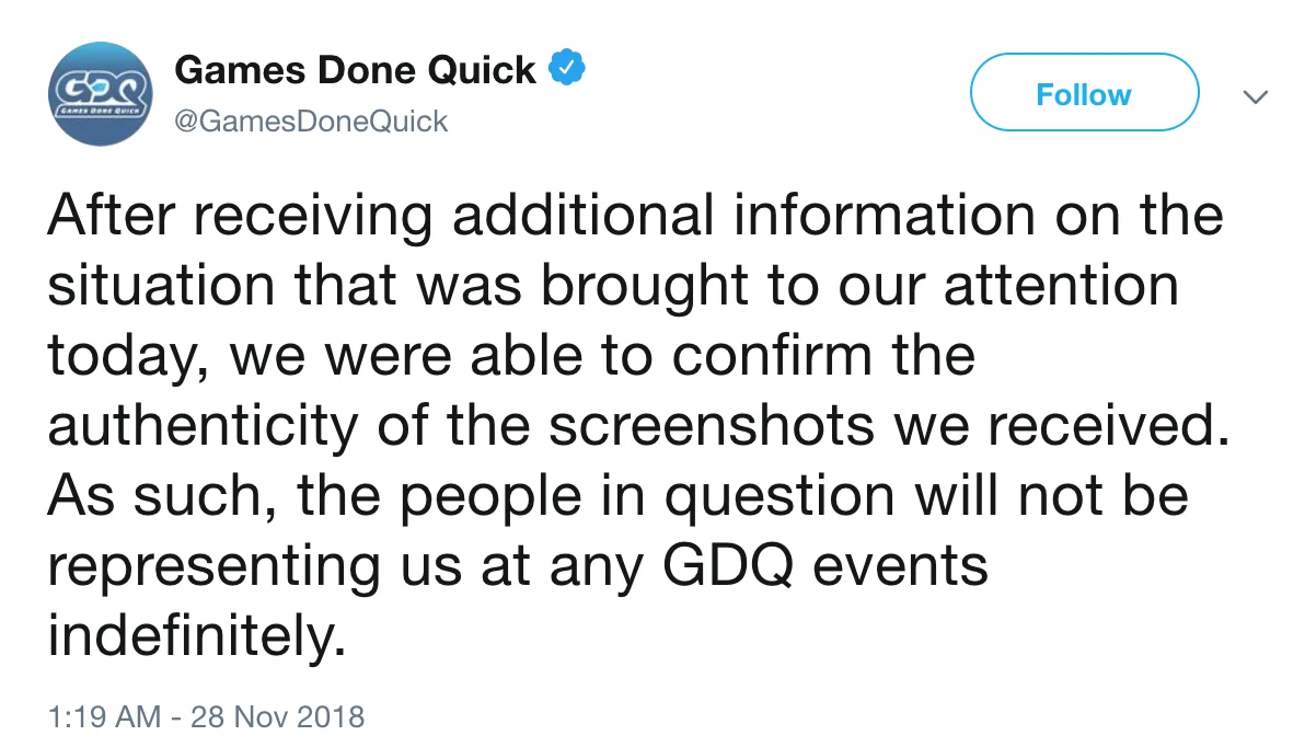 Games Done Quick tweet indefinitely banning the accused community members