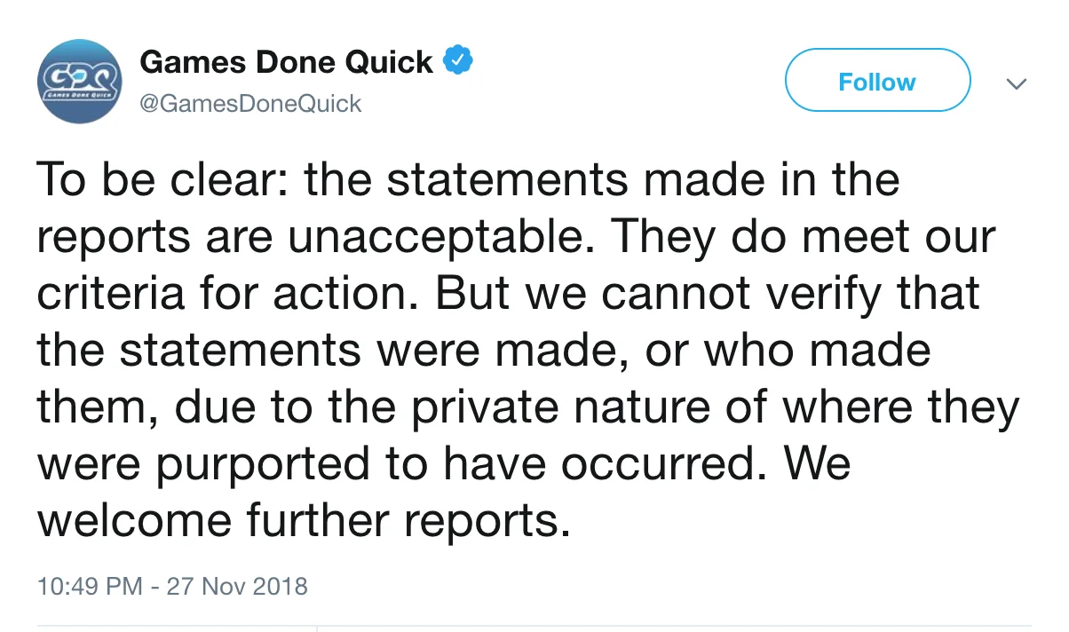 Games Done Quick tweet calling reported statements unacceptable