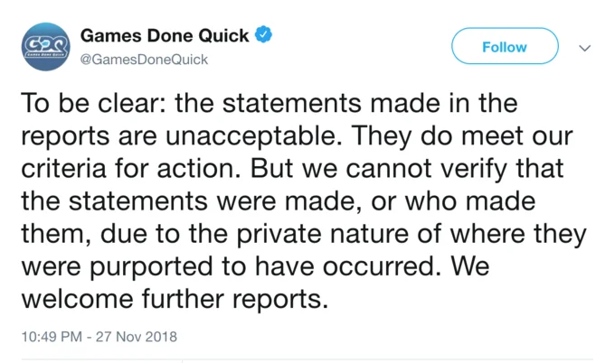 Games Done Quick tweet acknowledging reports and calling statements unacceptable