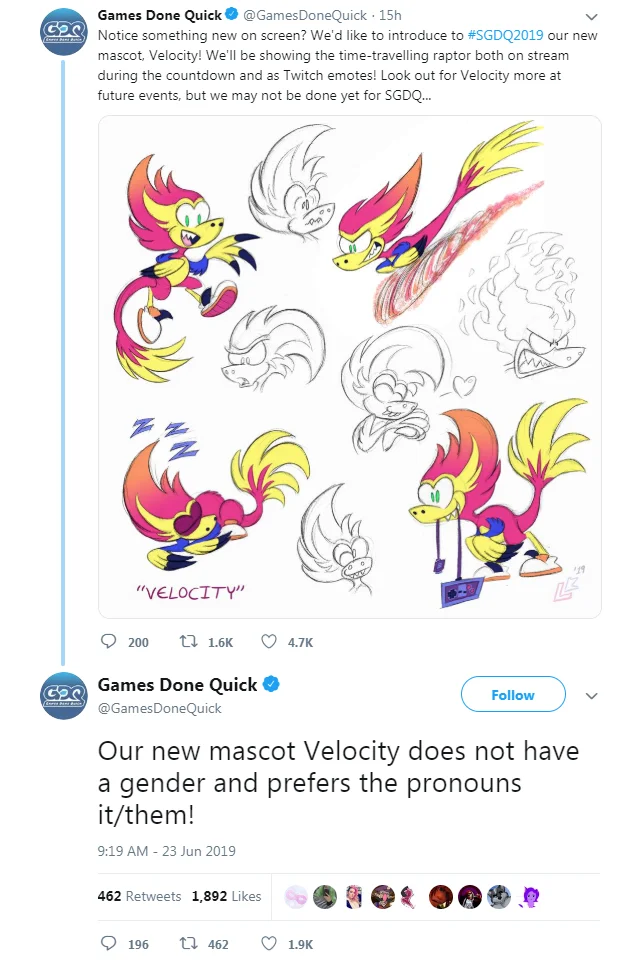 Games Done Quick — GDQ tweets introducing Velocity the raptor mascot with concept sketches and pronoun clarification