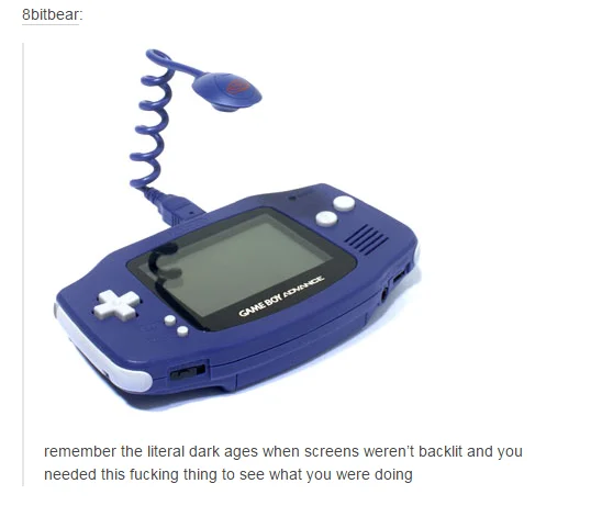 Gaming — Tumblr post about a Game Boy Advance with an attached worm light accessory