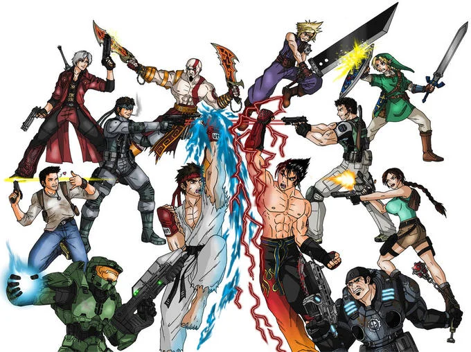 Gaming — Illustration of iconic video game characters posed together in battle stances