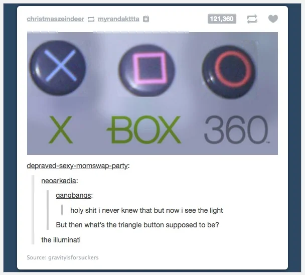Gaming — Tumblr screenshot of PlayStation buttons arranged to spell Xbox 360 with joke comments
