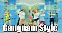 Multiple cartoon characters in colorful clothing performing the Gangnam Style dance move together with 'Gangnam Style' text label.