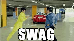 Two people indoors performing the iconic Gangnam Style horse-riding dance move with 'SWAG' text overlay.
