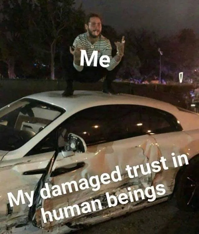 Gangstalking — Post Malone on wrecked car meme about damaged trust in humans