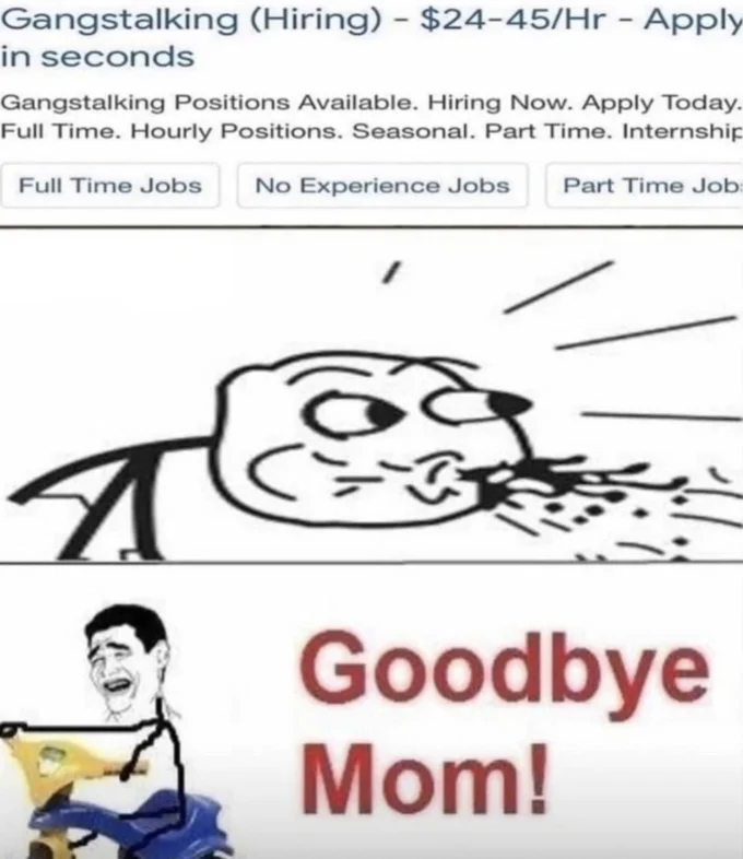 Fake gangstalking job listing meme with rage comic reaction