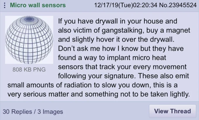 Gangstalking — 4chan post about using magnets to detect micro wall sensors from gangstalkers