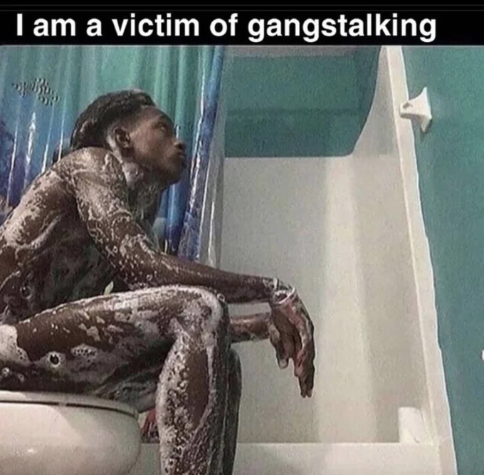 Man covered in soap on toilet captioned 'I am a victim of gangstalking'