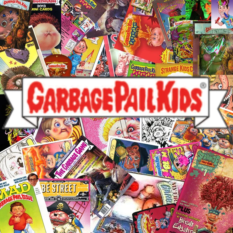 Garbage Pail Kidsgpk — Garbage Pail Kids logo over a collage of trading cards, comics, and merchandise